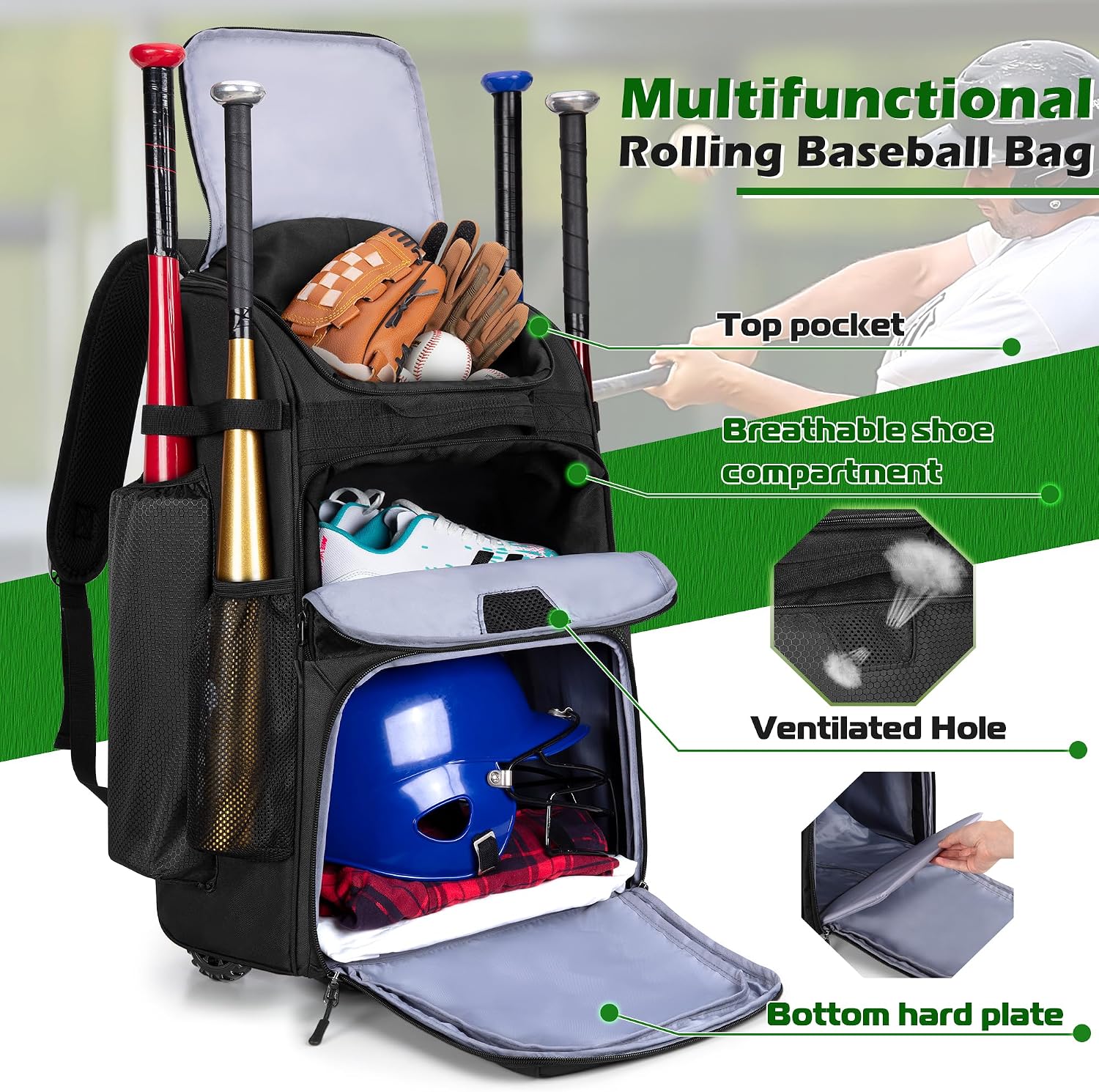 Rolling Baseball Backpack With - Sports Equipment Bat 评论和价格